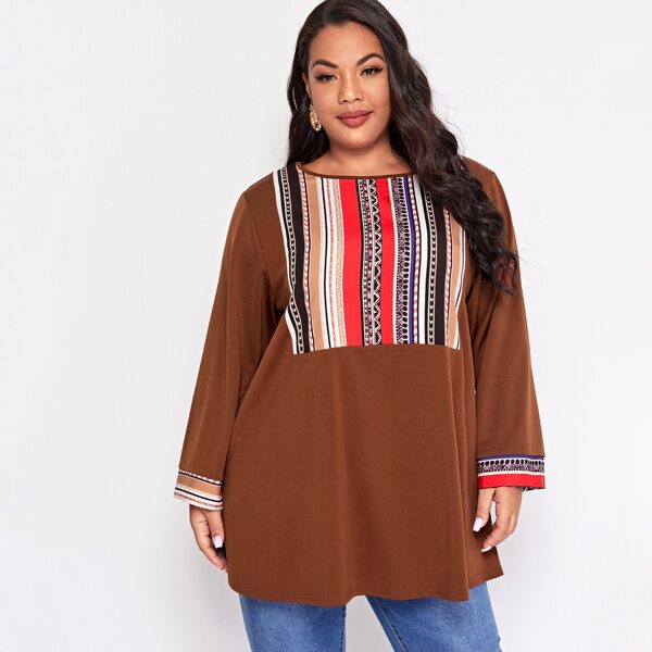 

Plus Tribal & Striped Print Blouse, Rust brown