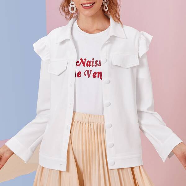 

Ruffle Trim Fake Pocket Solid Jacket, White