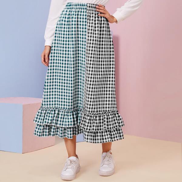 

Color-block Gingham Ruffle Hem Skirt, Multicolor