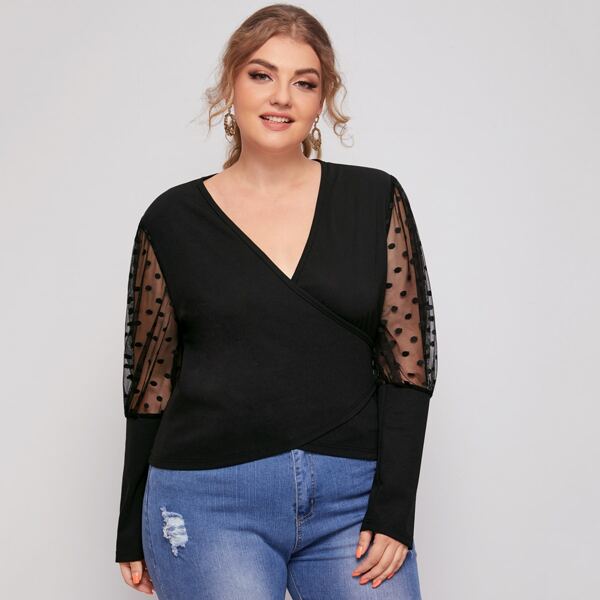 

Plus Contrast Dobby Mesh Wrap Top, Black