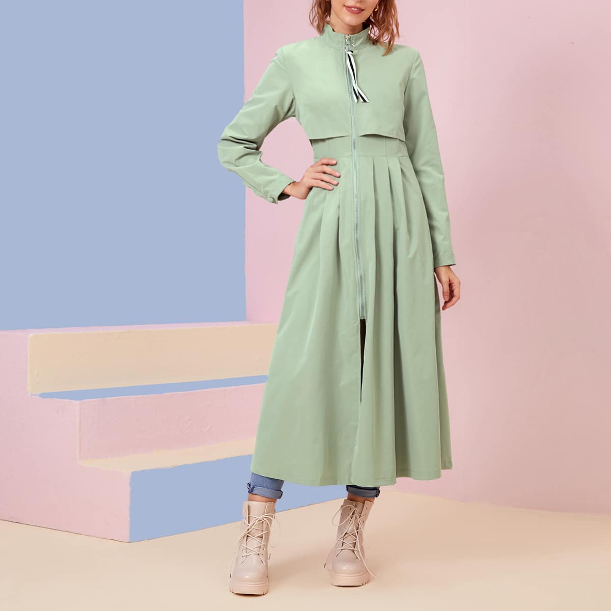 

Solid Zip Up Trench Coat, Mint green