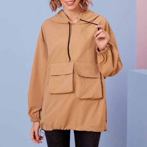 

Solid Flap Pocket Drawstring Hooded Sweatshirt, Camel
