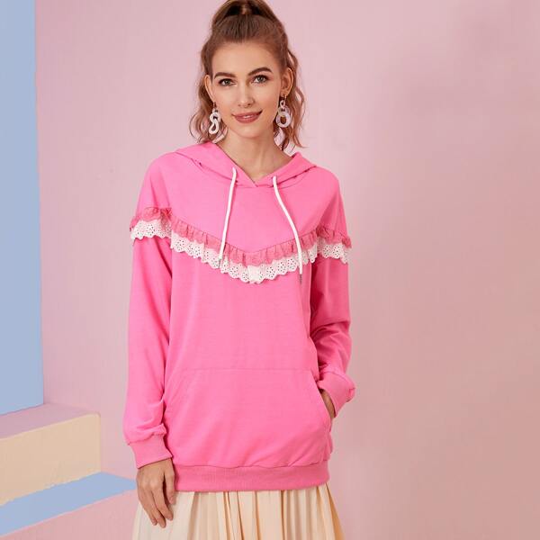

Contrast Schiffy Kangaroo Pocket Drawstring Hoodie, Pink