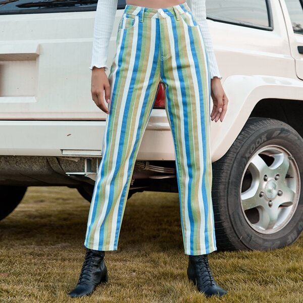 

High Waisted Slant Pocket Striped Jeans, Multicolor