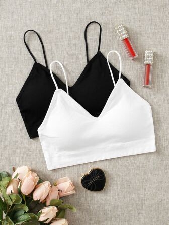Women's Casual Backless Fabric Bralette 2-Pack White And Black Plain Medium Stretch Tank Top