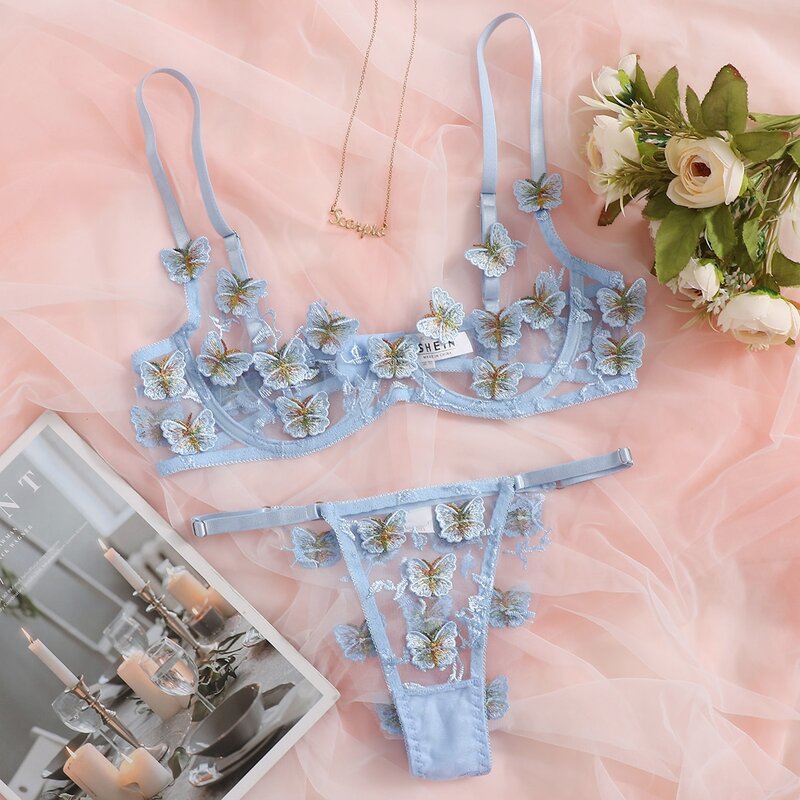 

Butterfly Appliques Embroidery Mesh Underwire Lingerie Set, Pastel baby blue