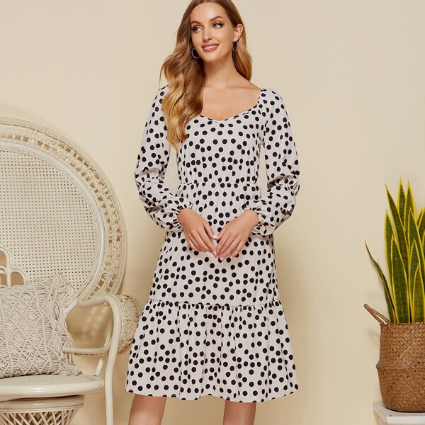 

Polka-dot Print Flounce Hem Dress, Black and white