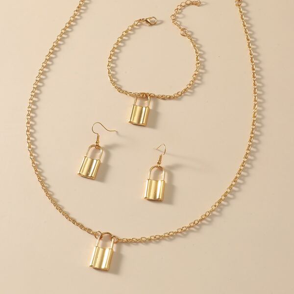 

4pcs Lock Charm Jewelry Set, Gold