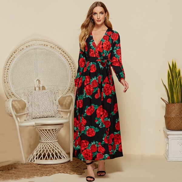 

Surplice Neck Split Sleeve Belted Floral Dress, Multicolor