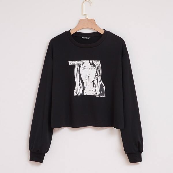 

Figure And Slogan Print Sweatshirt, Black
