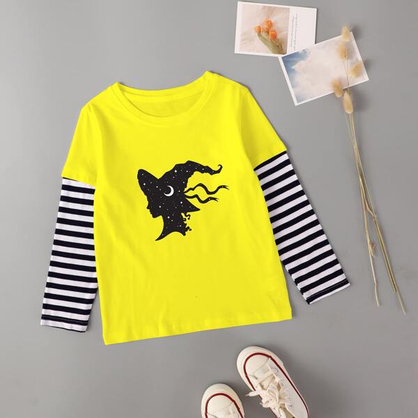 

Toddler Girls Stripe Sleeve 2 In 1 Tee, Yellow neon