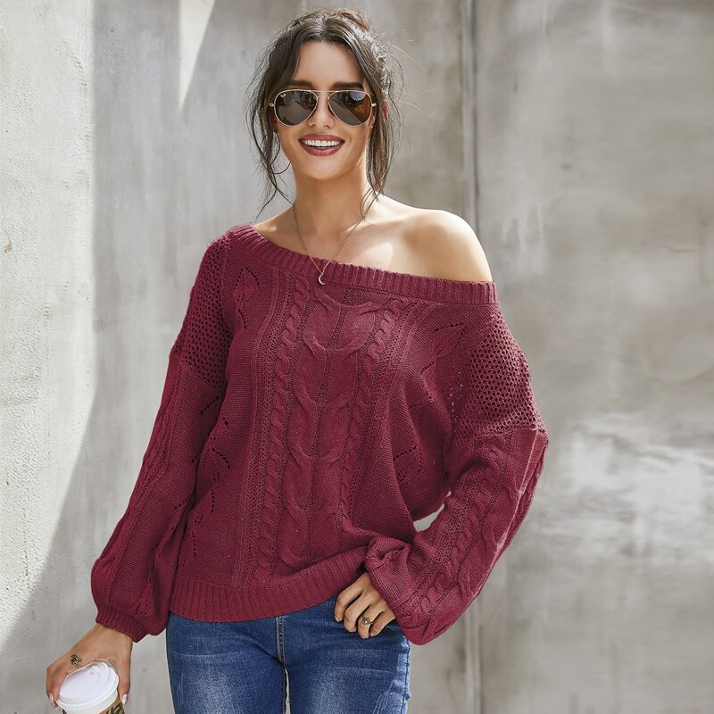 

Pointelle Boat Neck Drop Shoulder Sweater, Burgundy