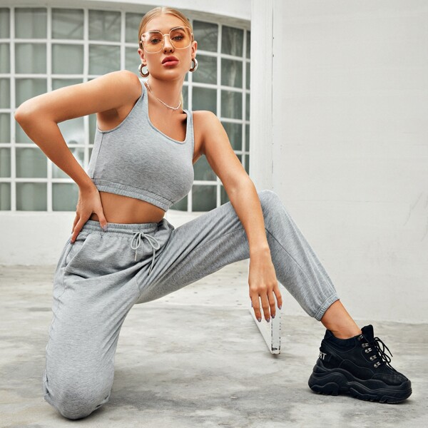 

Solid Crop Tank Top & Drawstring Waist Sweatpants Set, Light grey