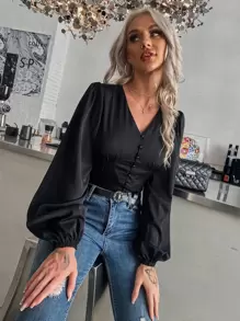 SHEIN Privé Camisa con botón delantero de manga farol - Negro - Ver 1