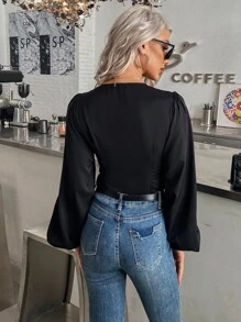 SHEIN Privé Camisa con botón delantero de manga farol - Negro - Ver 2