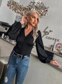 SHEIN Privé Camisa con botón delantero de manga farol - Negro - Ver 3