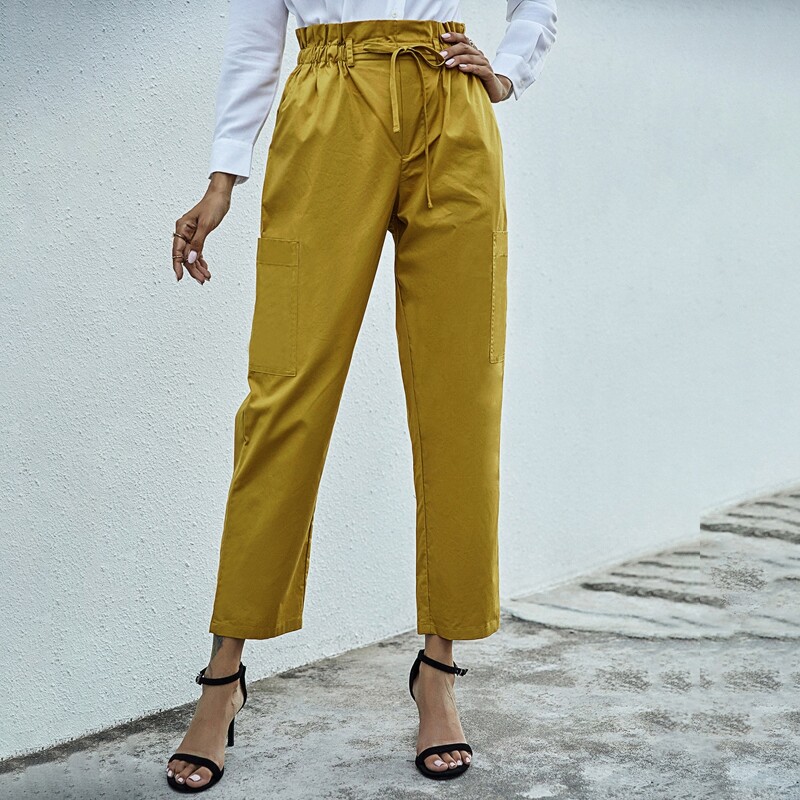 

Side Pocket Patched Drawstring Paperbag Pants, Mustard yellow