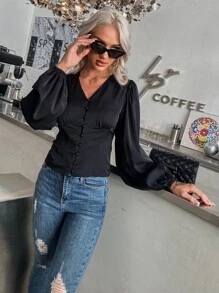 SHEIN Privé Camisa con botón delantero de manga farol - Negro - Ver 5