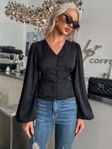 SHEIN Privé Camisa con botón delantero de manga farol - Negro - Ver 6