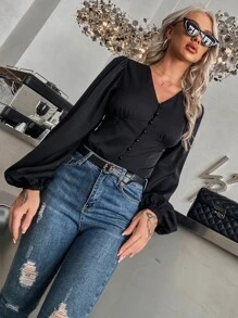 SHEIN Privé Camisa con botón delantero de manga farol - Negro - Ver 7