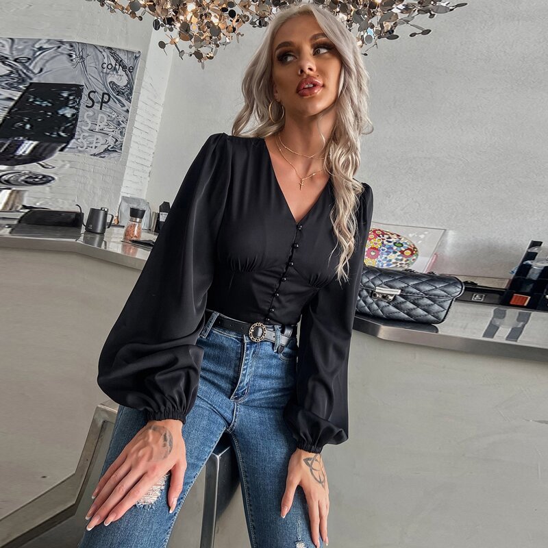 

Button-Front Long Bishop Sleeve Top, Black