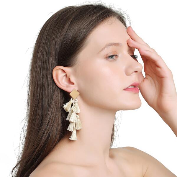 

Tiered Tassel Drop Earrings, Beige