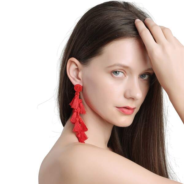 

Bead Tassel Drop Earrings, Red