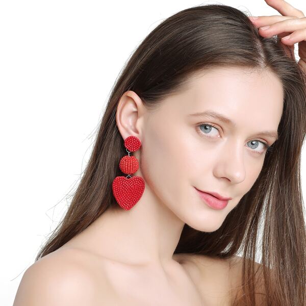 

Christmas Beaded Heart Drop Earrings, Red