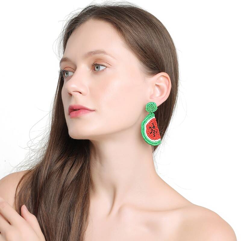 

Beaded Watermelon Design Earrings, Red