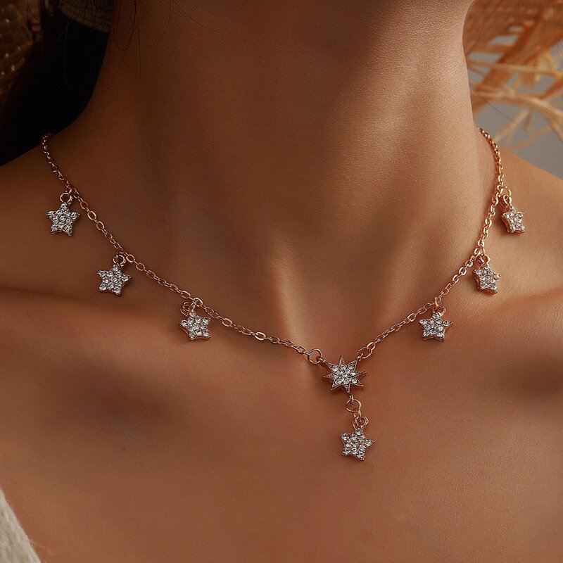 

Rhinestone Decor Star Charm Necklace, Gold