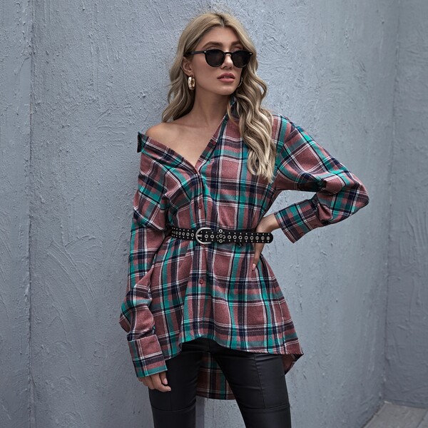 

Drop Shoulder High Low Hem Plaid Blouse Without Belt, Multicolor
