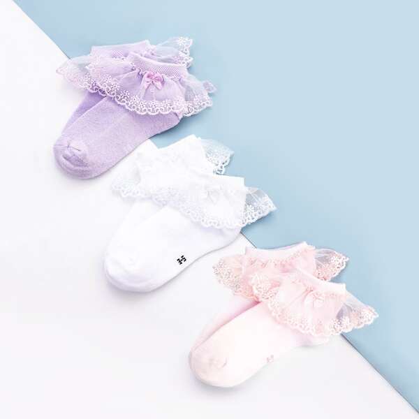 

3pairs Toddler Girls Lace Trim Socks, Multicolor