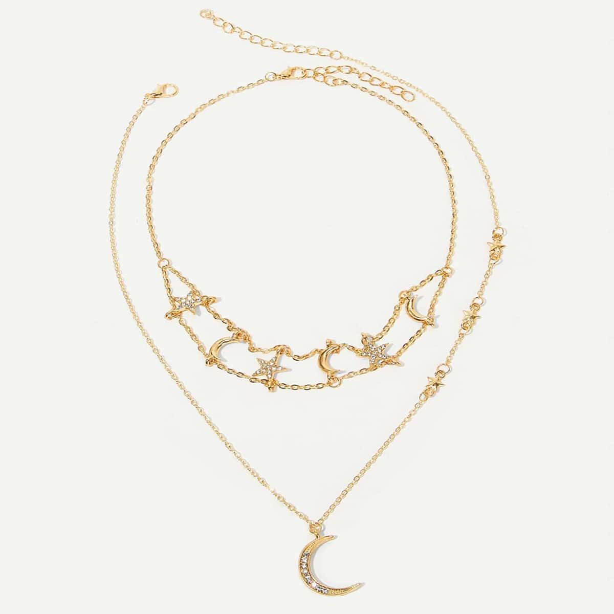 

2pcs Rhinestone Moon & Star Choker, Gold