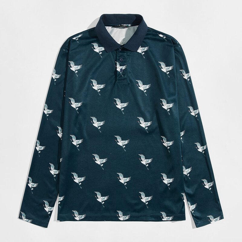 

Men Crane Print Polo Shirt, Teal blue
