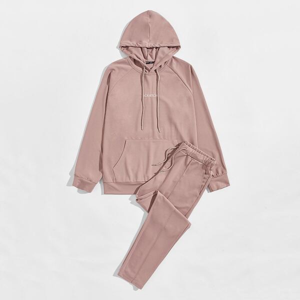

Men Letter Embroidered Raglan Sleeve Hoodie & Sweatpants Sets, Dusty pink