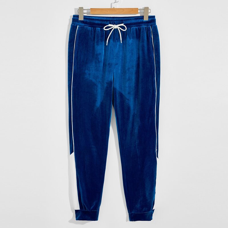 

Guys Patched Detail Contrast Tipping Velvet Pants, Navy blue
