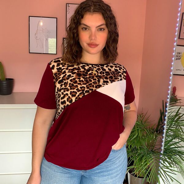 

Plus Leopard Panel Colorblock Tee, Multicolor