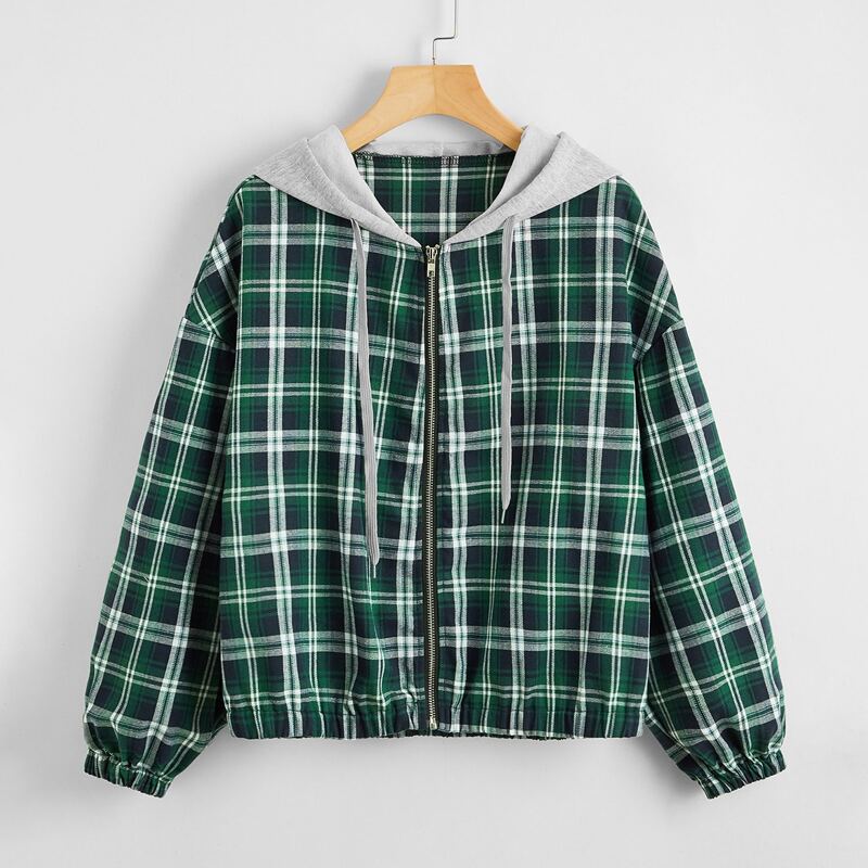 

Tartan Plaid Zip Up Drawstring Hooded Jacket, Green