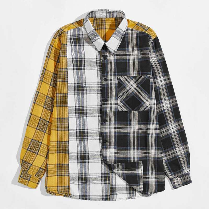 

Men Color-block Plaid Button Up Shirt, Multicolor