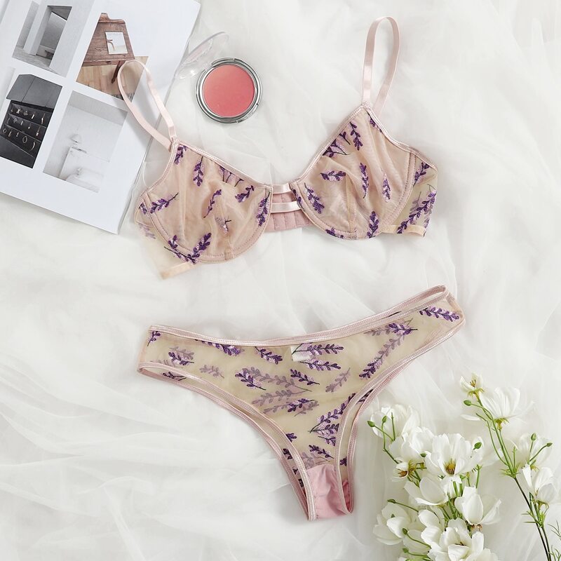 

Floral Embroidered Mesh Underwire Lingerie Set, Multicolor