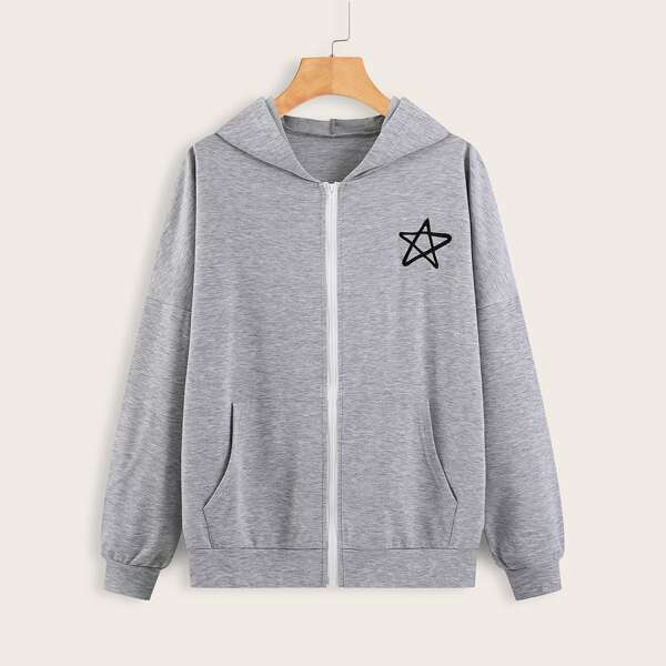 

Star Print Zip Up Hoodie, Light grey