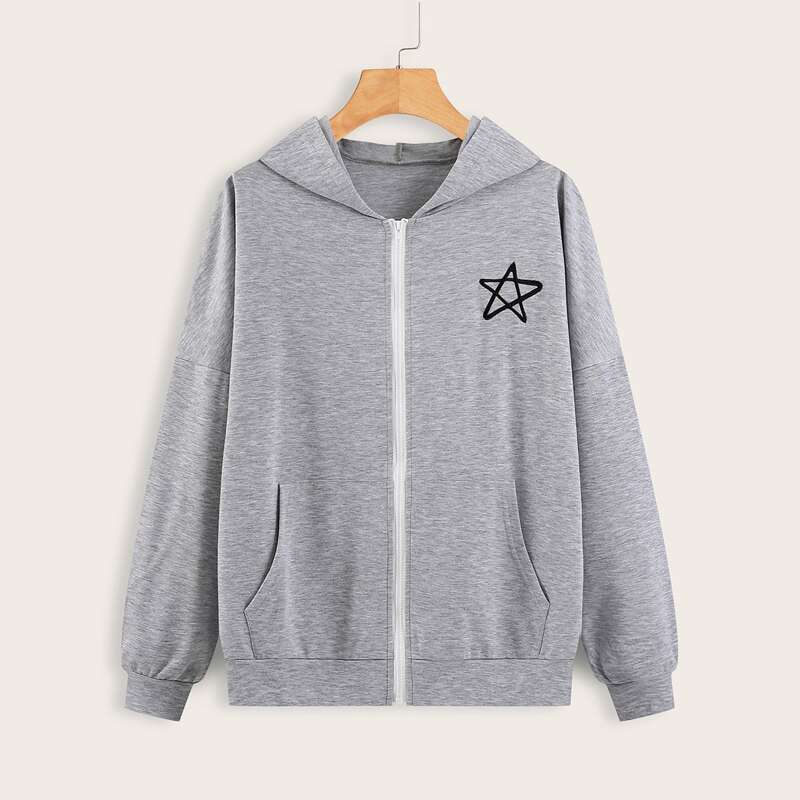 

Star Print Zip Up Hoodie, Light grey