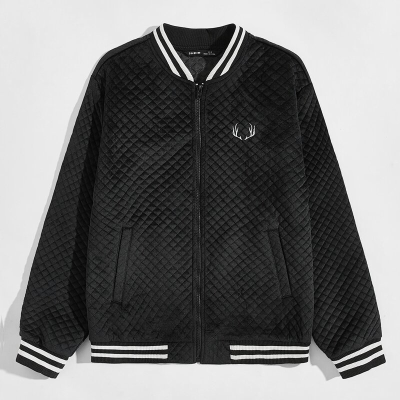 

Guys Striped Trim Embroidered Detail Quilted Jacket, Black