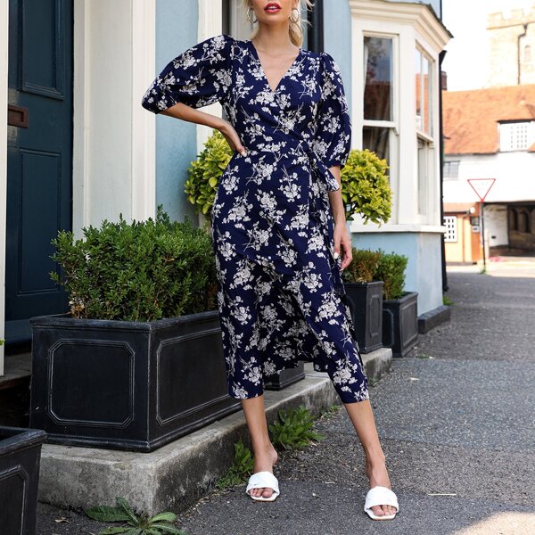 

Surplice Neck Tie Side Floral Print Dress, Navy blue