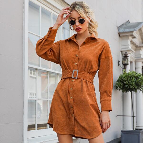 

Drop Shoulder Belted Corduroy Dress, Ginger