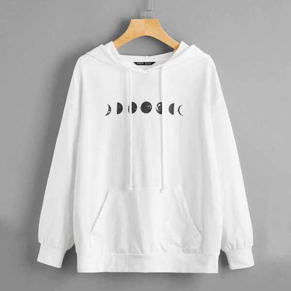 

Kangaroo Pocket Moon Print Hoodie, White
