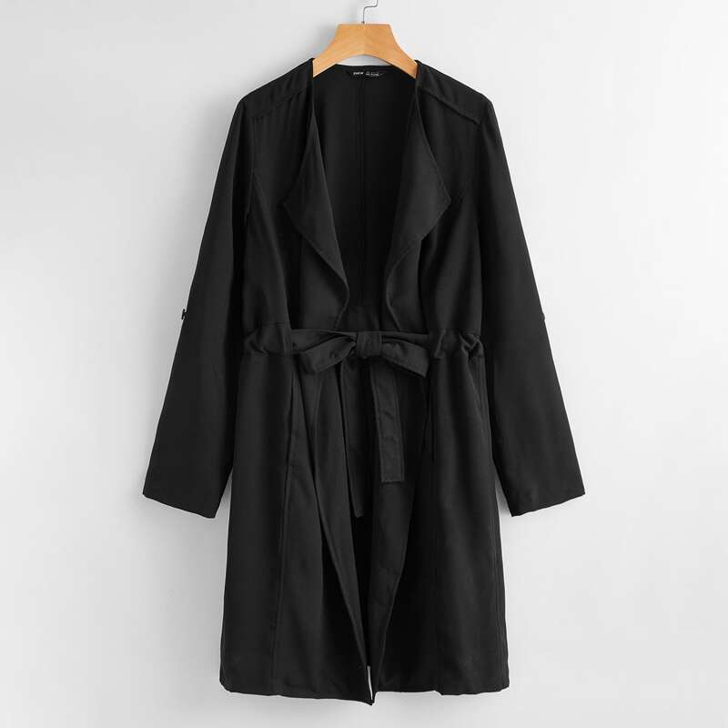 

Rolled Tab Sleeve Self Belted Coat, Black