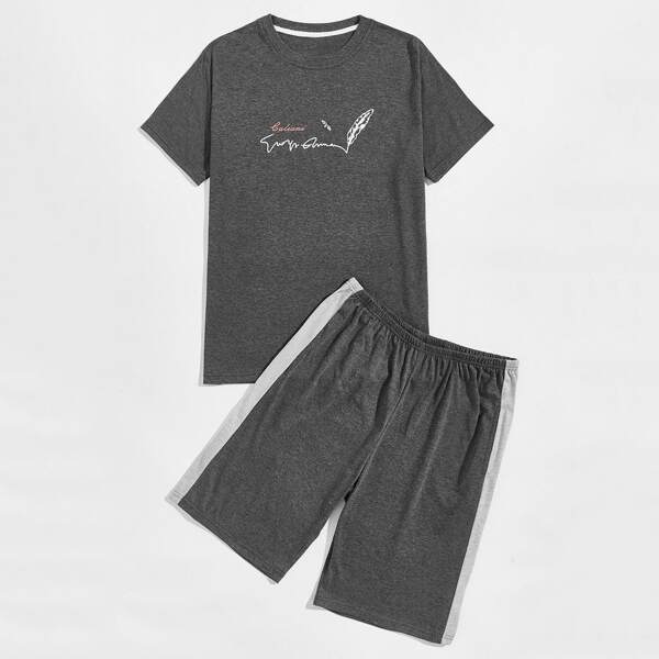 

Men Letter & Feather Print PJ Set, Dark grey