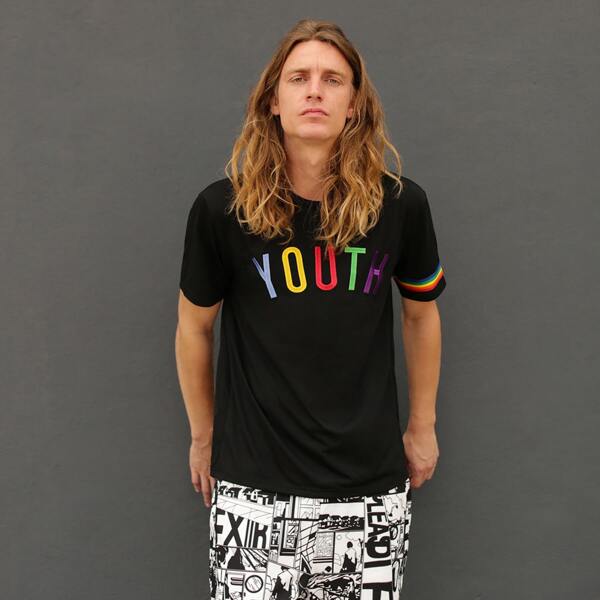 

Men Letter Embroidered Rainbow Striped Tape Detail Top, Black
