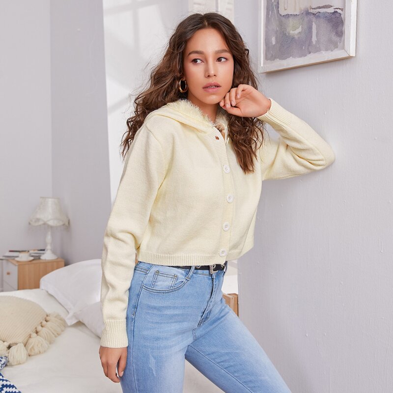 Fuzzy Trim Button Front Hoodie Cardigan, Beige